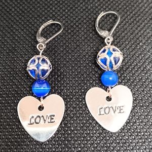 HANDMADE Blue & Silver Tone Heart LOVE Charm Cat's Eye Beaded Dangle Earrings